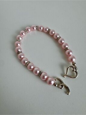 Pink Faux Pearl Rhinestone Spacer Heart Clasp Bracelet Silver Tone